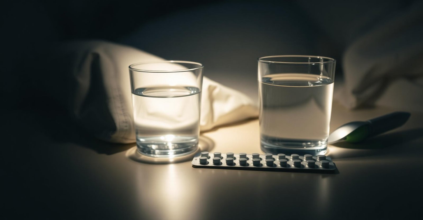 Zopiclone tablets and a glass of water on a bedside table